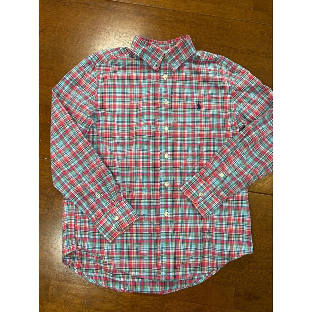 Ralph Lauren Button Down Shirt Boys M 10-12 Red Blue Plaid Natural Stretch
